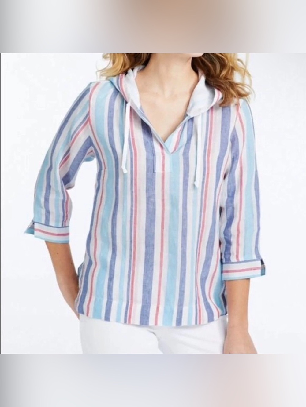 L.L. Bean Hoodie Womens Size M Blue Linen Striped V-Neck Coastal Beach Pullover
